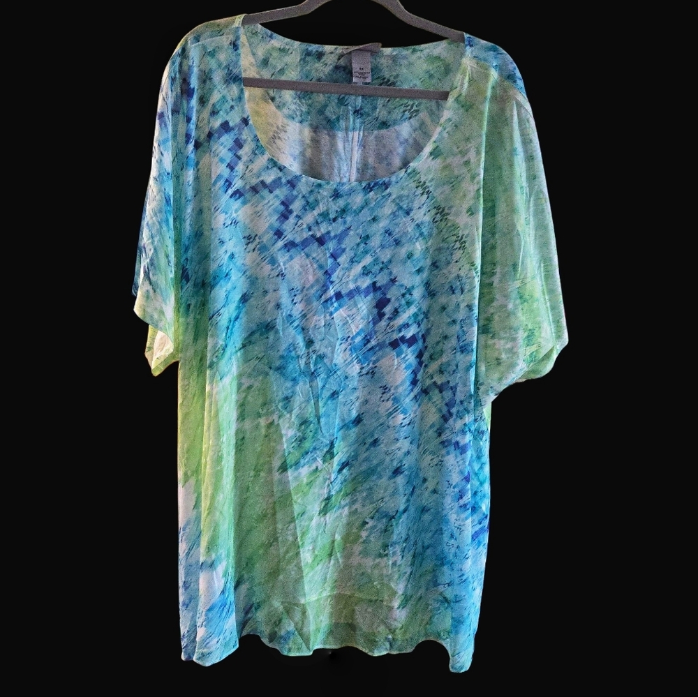 Catherines Lime And Blue Short Sleeve Womens Top. Abstract Pattern. Size 5X.